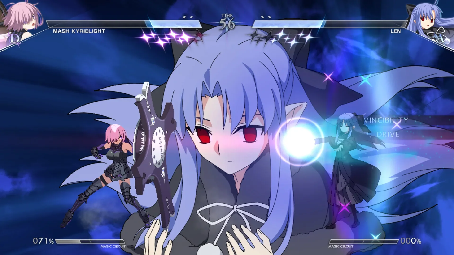An animated scene from a fighting game featuring two characters, one with blue hair and red eyes holding a large weapon, and another with pink hair in a combat pose. The background includes visual effects and energy indicators.