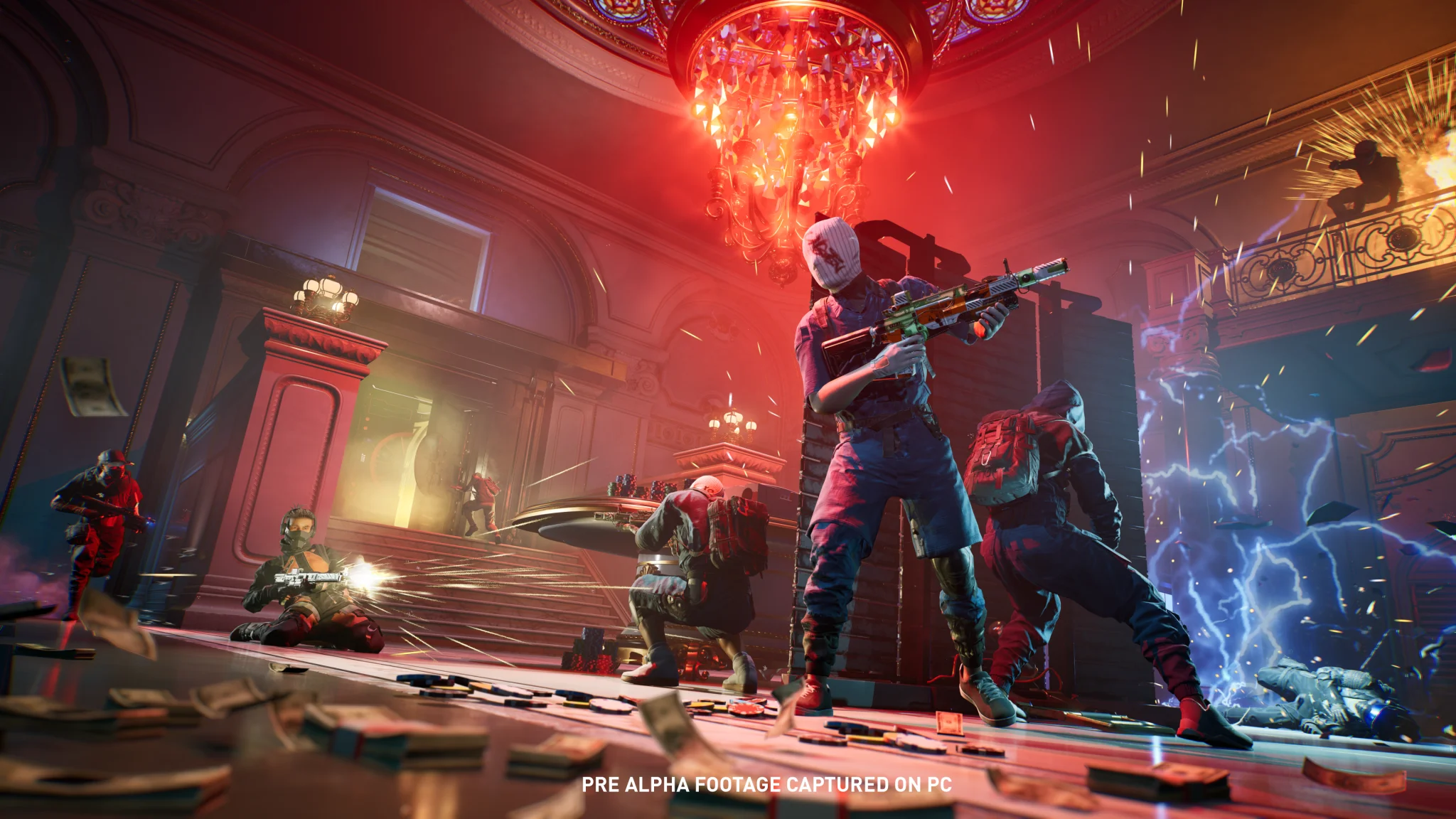 A dynamic action scene set in a lavish interior with a glowing chandelier, showcasing armed characters in combat. One character is on the floor firing a weapon, while others are seen engaging in the background amidst flying money and explosive effects.
