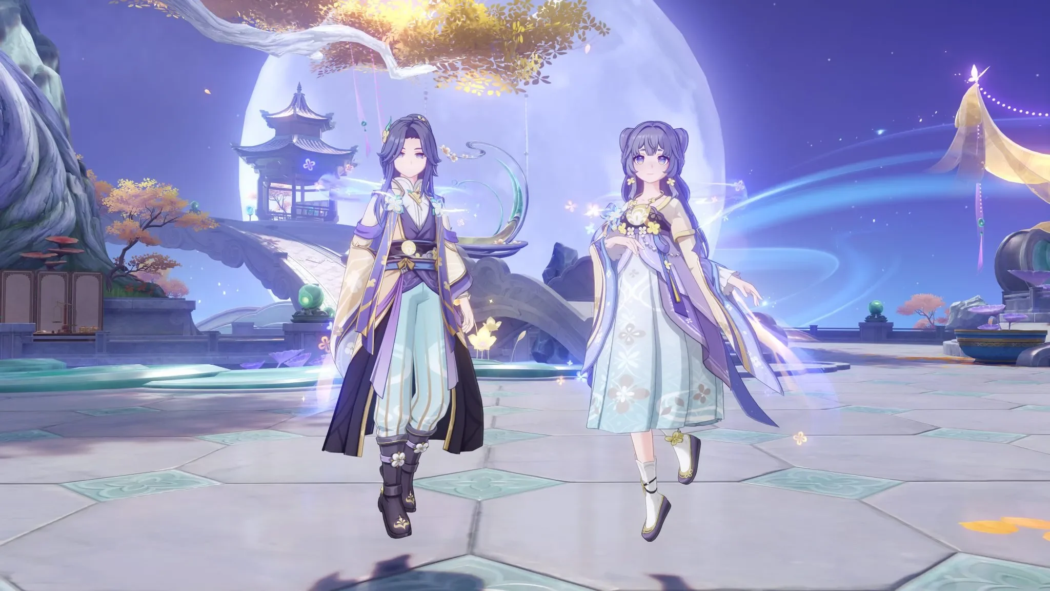 Two fantasy characters in ornate outfits are standing on a mystical platform with a large moon in the background, surrounded by ethereal elements and decorative trees.